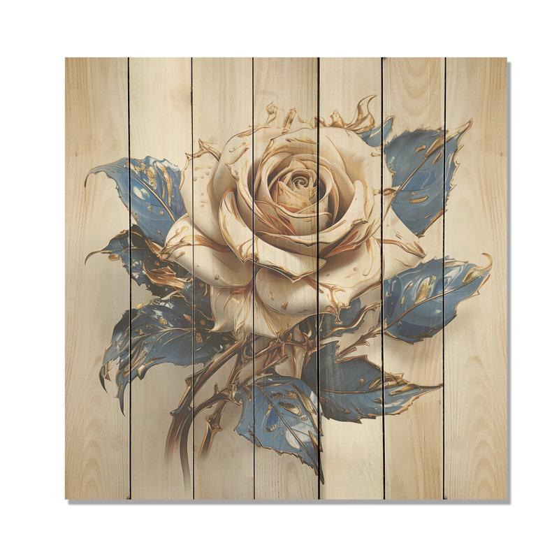 Verre rose bleu doré - rose sur bois, H 15 po x l 15 po