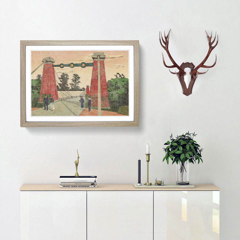 Suspension Bridge by Kobayashi Kiyochika - Framed Print, 36cm H x 48cm W x 2cm D, Oak Framed