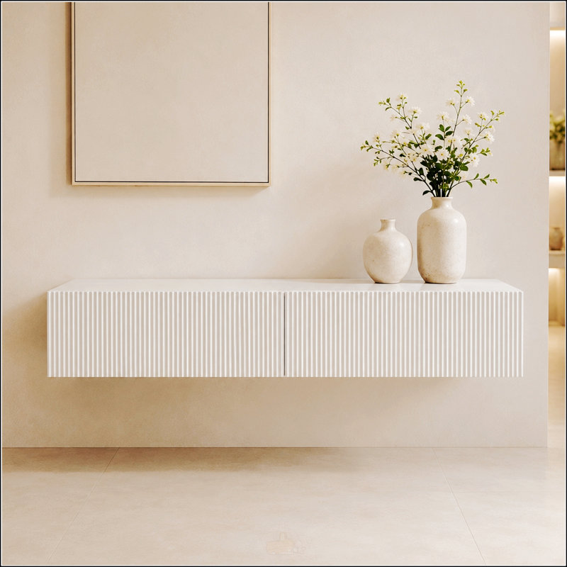 Armoire multimédia flottante de qualité supérieure fabriquée à la main avec une texture nervurée élégante et un rangement mural multi-scénario