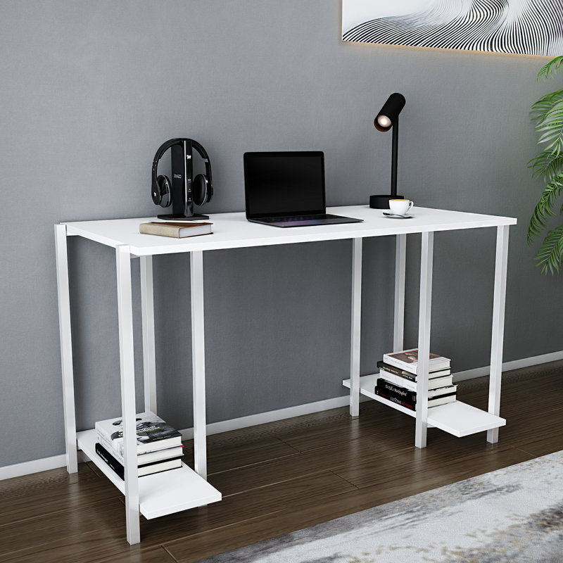 Academy Desk Metal Base Writing Desk, White/White