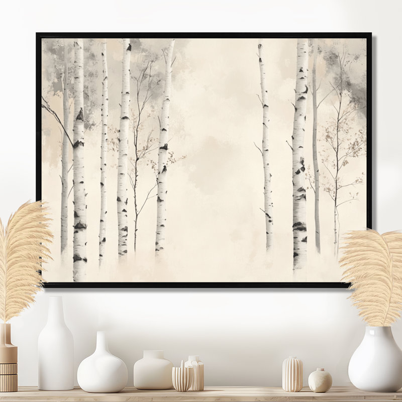Décoration murale Minimal Birch Tree Forest I - Beige, Cadre flottant noir, H 16 po x l 32 po