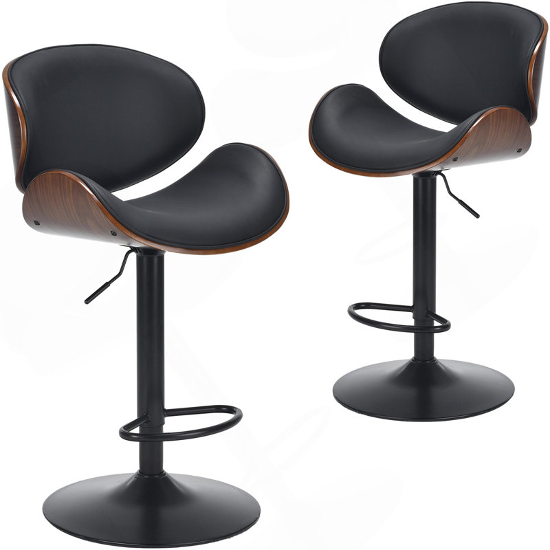 Ensemble de 2 tabourets de bar pivotants en bois cintré à hauteur réglable avec siège, dossier et repose-pieds en similicuir, comptoirs de cuisine modernes pour bar, salle à manger