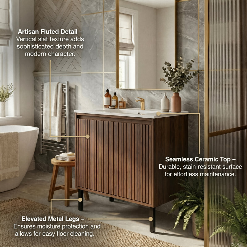 30" Convertible 2-In-1 Bathroom Vanity With Ceramic Sink, Wall-Mounted Or Floor-Standing Cabinet With Soft-Close Drawers (Walnut / Oak / Black)