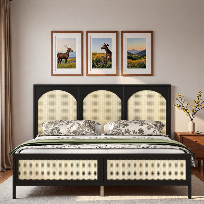 Wood Platform Bed With Rattan Headboard, King, Black
