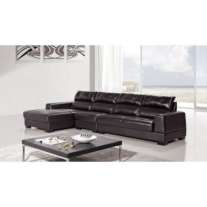 Canapé modulaire en cuir véritable de 143 po de largeur et méridienne, Face à la gauche, Cuir véritable brun foncé