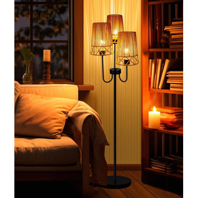 Rattan Boho Floor Lamp With 3 Edison Bulbs, Rotary & Foot Switch, Farmhouse Style Standing Lamp For Living Room, Bedroom, Rustic Or Bohemian Decor