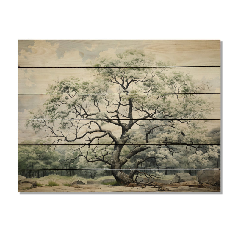 Arbre majestueux blanc et vert - Reproduction d'arbres sur bois de pin naturel, H 10 po x l 20 po x P 0,78 po