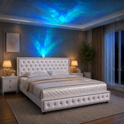 King Bed Frame with Starry Sky Projector, Built-in Speaker & USB Port, Crystal Tufted Upholstered Platform Bed with Adjustable Headboard, Wood Slat Support, No Box Spring Needed, PU Leather White