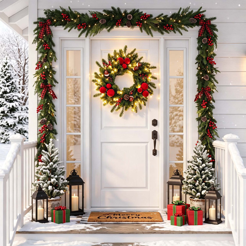 Couronne de Noël en sapin Nordmann pré-illuminée de 50 cm (20 pouces) avec boule rouge