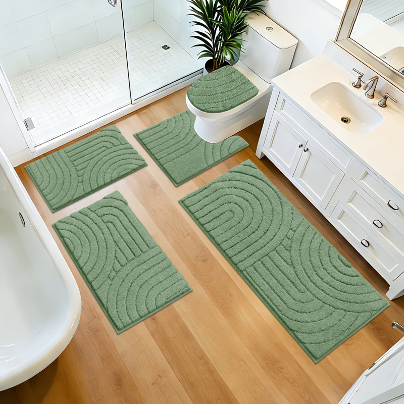 5 Piece Soft Absorbent Microfiber Bath Rug Set With Non-Slip Backing, Green