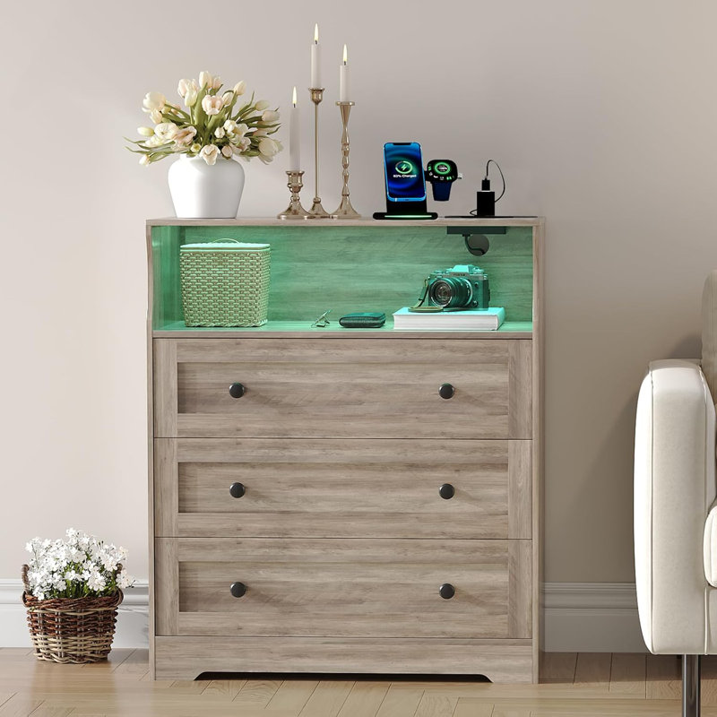 Commode 3 tiroirs avec station de charge et lumières DEL, Gris
