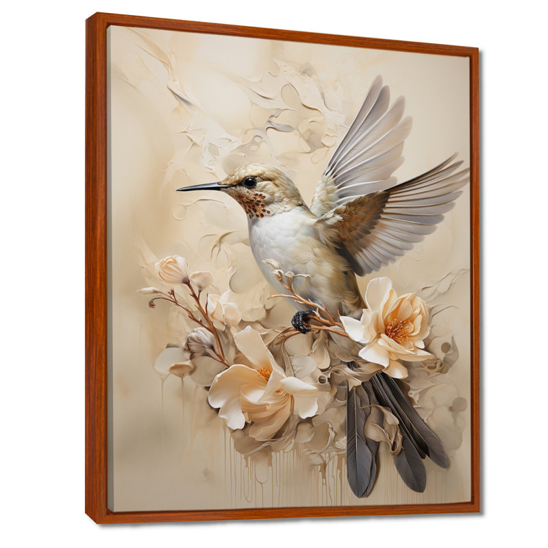 Colibri floral flottant I - Art mural colibri pour le salon, H 32 po x l 16 po x P 1 po, Cadre flottant brun