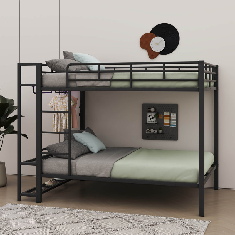 Full-Over-Full Metal Bunk Bed With LED Lighting, Mesh Storage Bins, And Clothing Hooks, Black