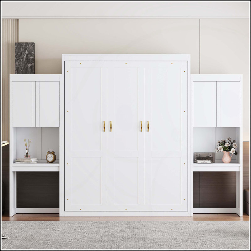 Grand lit escamotable polyvalent avec bureau intégré, coiffeuse et armoires pour optimiser l'espace, Blanc