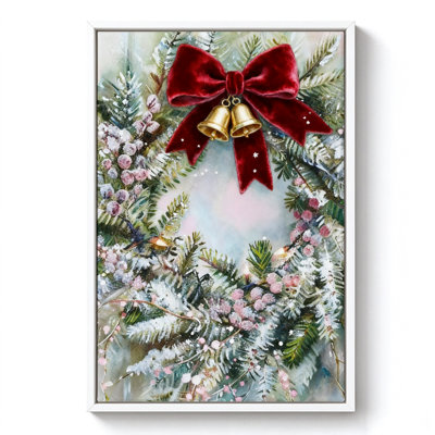 Couronne de Noël avec nœud en velours rouge et clochettes, tableau encadré sur toile, cadre blanc, 50 x 75 cm