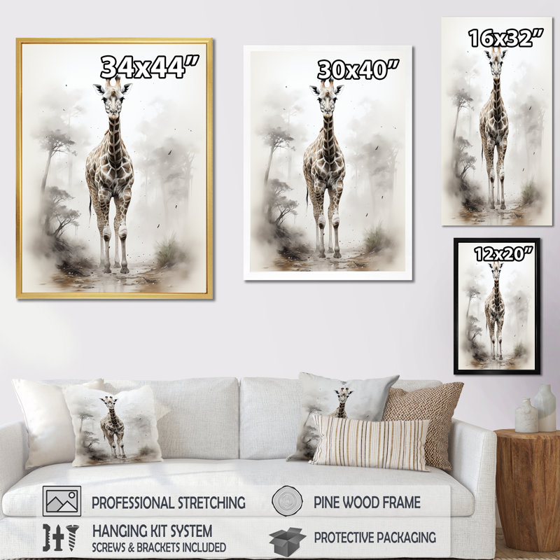 Impression sur toile minimaliste de girafes noires et blanches Minimalist, Cadre simple noir, H 32 po x l 16 po x P 1 po