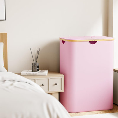 Double Laundry Hamper 2 Section With Lid And Removable Laundry Bags, 160L Clothes Basket With Bamboo Handles, Large Collapsible Hamper For Be