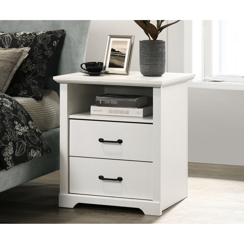 22"w 2 Bedside Nightstand With Charging, Open Shelf, 30 Lbs Drawer Weight, Black Metal Pulls 22-inch Wide Table Ports, Top Capacity, Particle Board Material