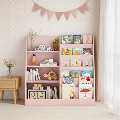 4-Tier Pink Kids Bookshelf and Toy Storage Organizer, Multifunctional Wooden Bookcase with Display Stand – Children's Storage Shelf for Playroom, Nurs