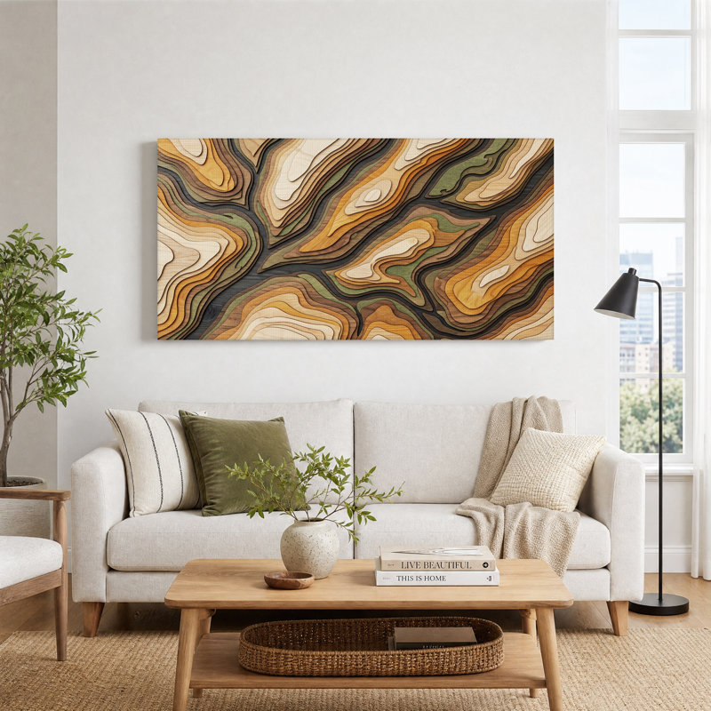«Layered Wood Contours in Earth Tones», art mural sur toile, L 58 po x H 28 po