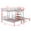 Lit superposé simple au-dessus de simple et simple en métal, structure de lit superposé triple avec tablettes de rangement et escalier-87746284