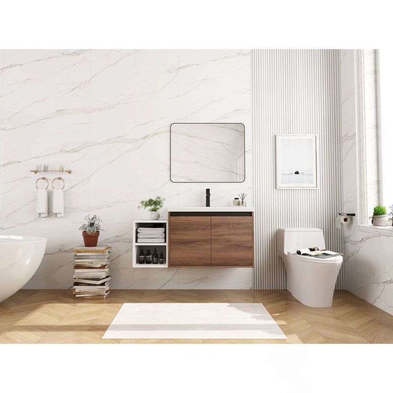 Meuble-lavabo mural 42 po avec lavabo à poser en résine, 1 tablette de rangement, 2 portes à fermeture douce, Brun ébène