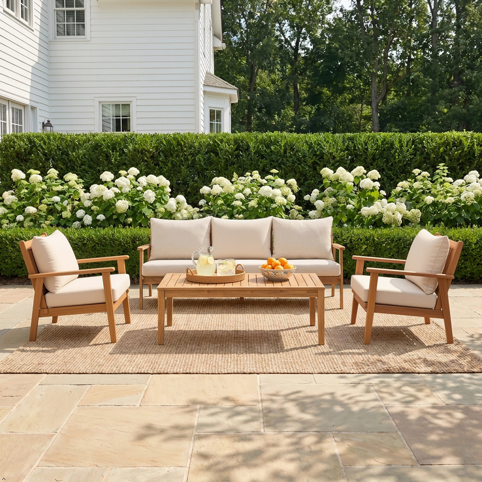 Weslyn 5-Person Acacia Complete Patio Set, 4 Pcs: 2 chairs, 51'W coffee table, and sofa.