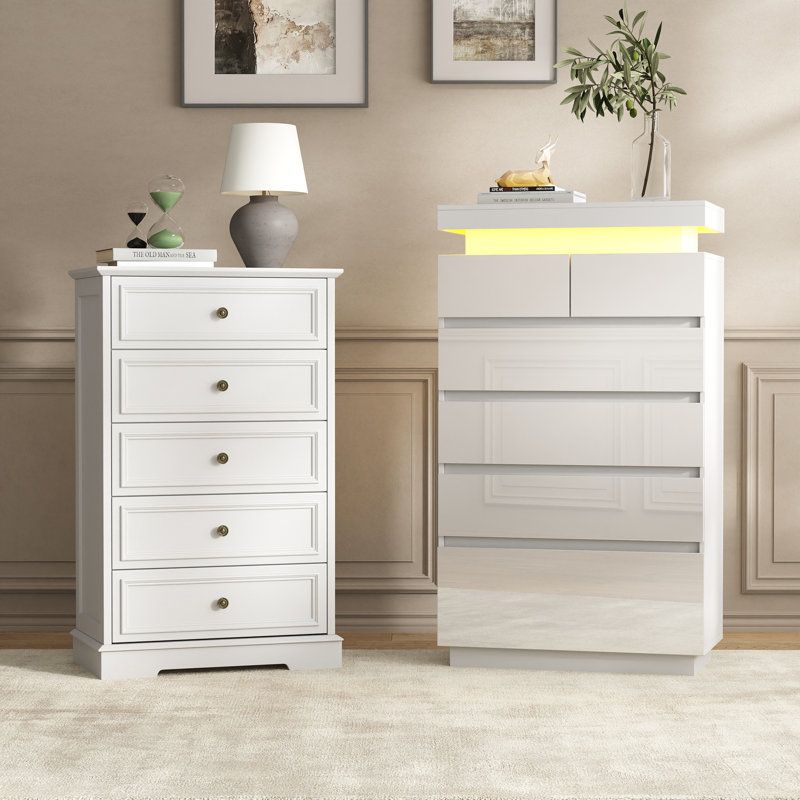 Ensemble de rangement vintage 2 pièces pour chambre à coucher avec commode haute à 6 tiroirs et commode haute à 5 tiroirs éclairées par DEL