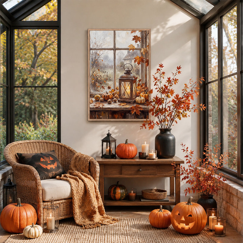 Lanterne illuminée et citrouilles sur une fenêtre pluvieuse - Tableau sur toile pour l'Halloween, 48"H x 36"W