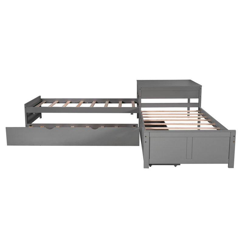 Lit plateforme gris en forme de L avec bureau, tiroirs et lit gigogne - pin et lit simple, pour une chambre gracieuse, Gris