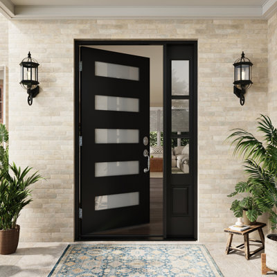 Fiberglass Exterior Door 36" x 80" Painted Black 5-Lite Frosted Glass Fiberglass Door Fixed Single Sidelite Black 3-Lite Clear Glass Door With Jamb, Left-Hand Inswing (Not Included Hardware Kit)