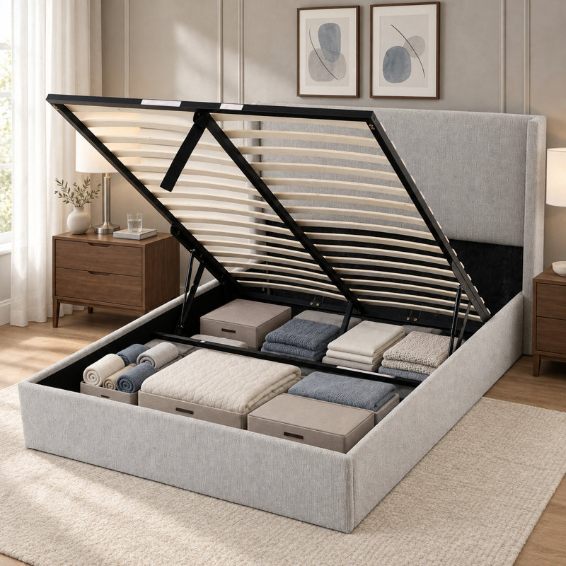 Lit plateforme tapissier avec rangement Wauson, Double, Light Grey