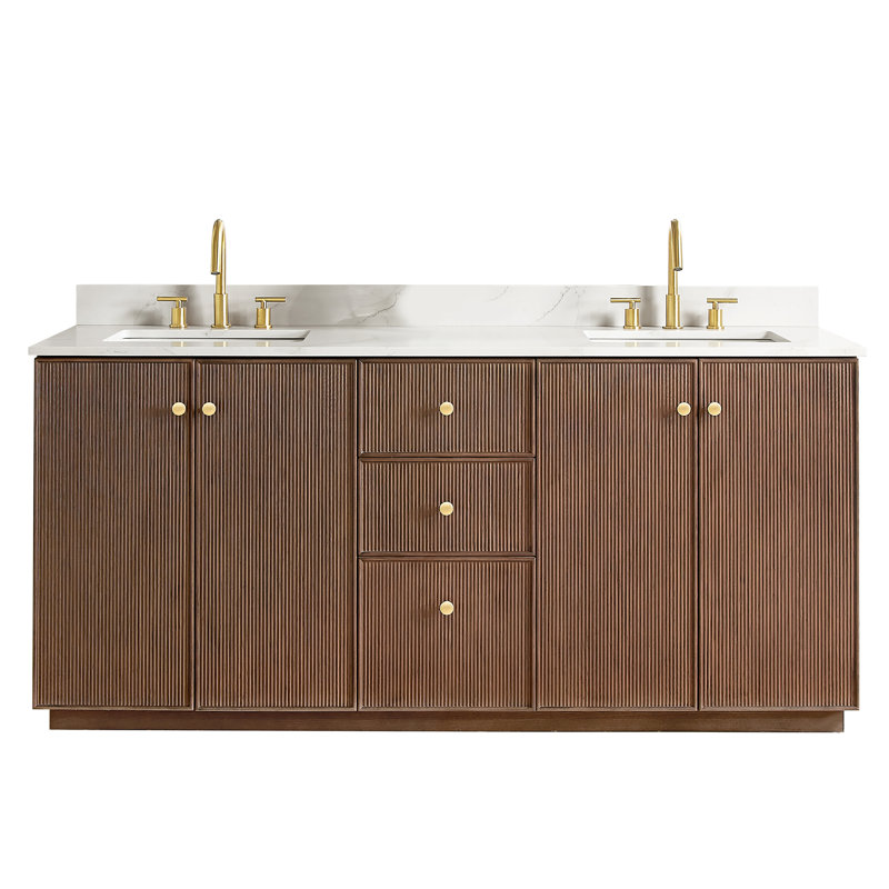 Amella 72'' Free Standing Double Bathroom Vanity with Quartz Top, Dark Brown Oak