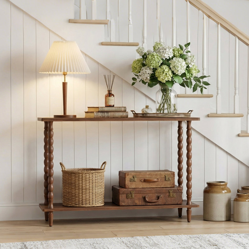 39.4'' W 2-Tier Console Table with Spindle Solid Wood Legs, Walnut