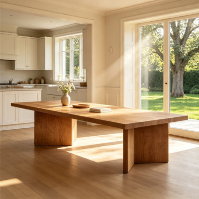 Modern Farmhouse Solid Wood Rectangular Dining Table, 6-8 Seater for Open Kitchen & Dining Room