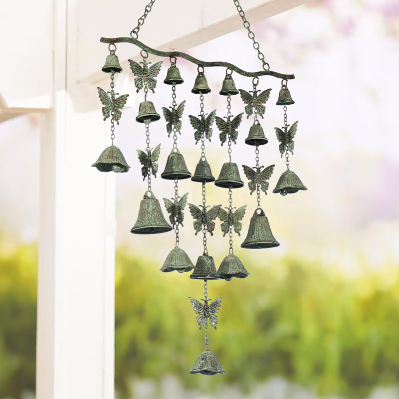 Large Verdigris Butterfly Wind Chimes with Wrought Iron Bell