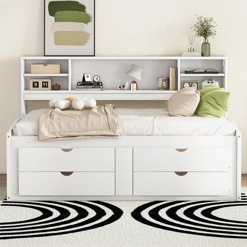 Allcot 4 Drawers Storage Daybed with Bookcase and Cabinet, White