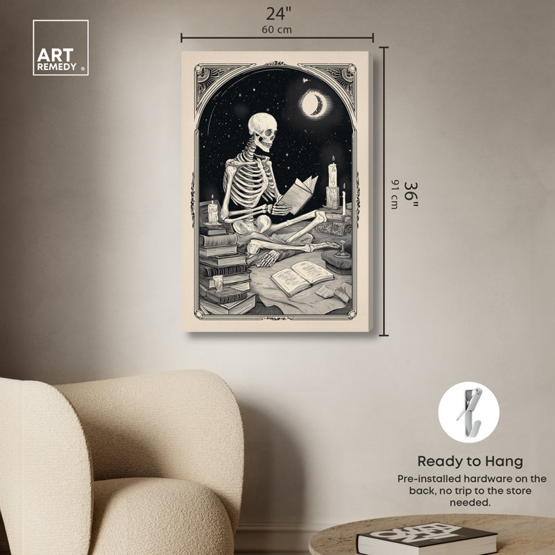Décoration murale effrayante «Skeleton Reader» par Art Remedy, tendue sur châssis, 24 x 36, Toile tendue avec châssis