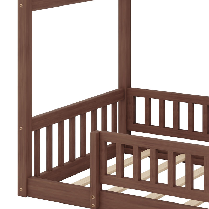 Wooden House Bed Frame with Decorative Fence, Walnut