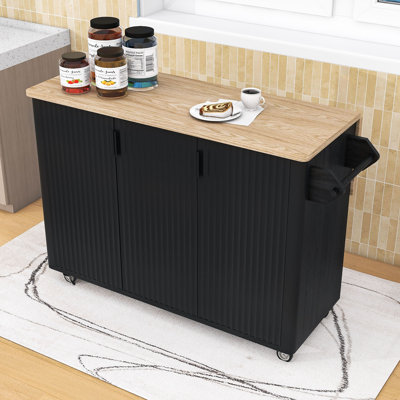 Îlot de cuisine sur roulettes avec abattant, porte-serviettes et tablettes réglables