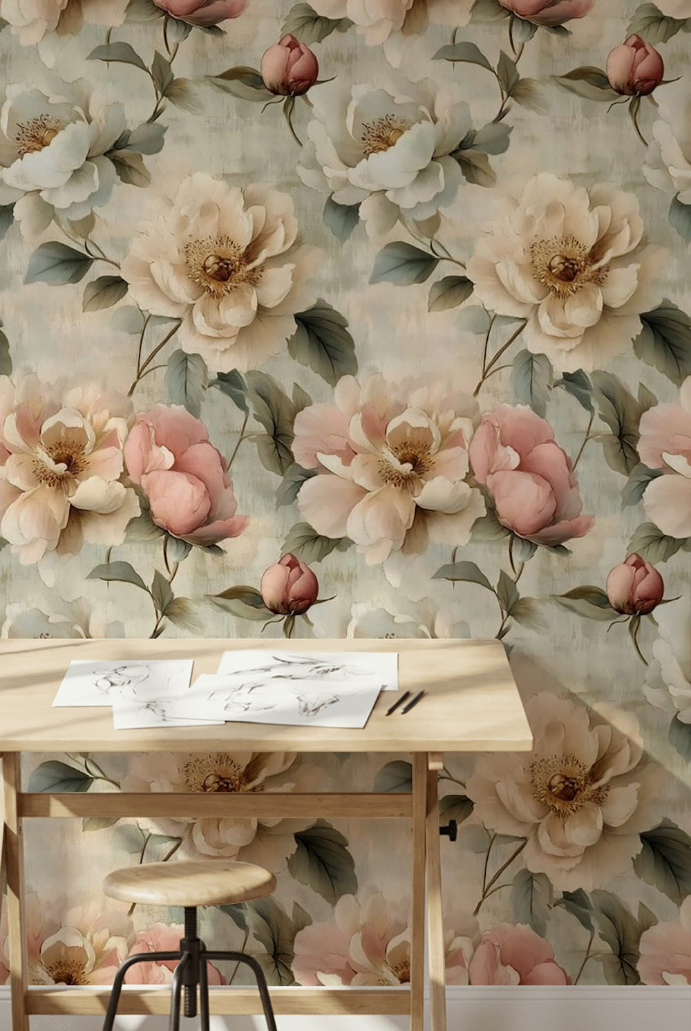Lark Manor™ Vintage Peony Floral Wallpaper Cream and Pink Blooms Peel ...