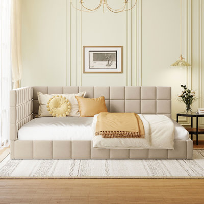 Lit de jour double rembourré beige / - Design classique, polyvalent pour la maison, livré avec un ensemble de lattes de lit en velours, élégance moderne de style Mid-Century, textile doux et confortable
