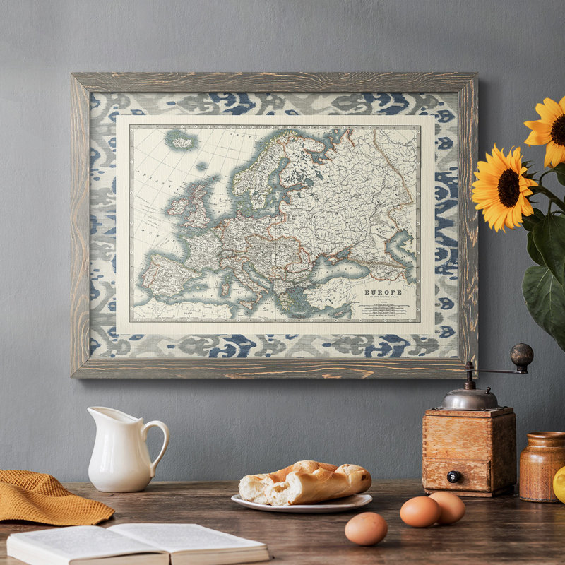 Border Map of Europe - Reproduction d'un seul cadre photo sur toile, Encadré gris, H 14 po x l 20 po x P 1,5 po