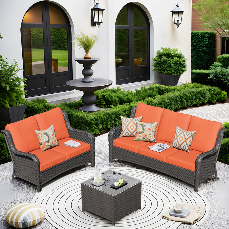 Tommy Polyethylene (PE) Wicker 5 - Person Seating Group with Cushions, Brown, Orange