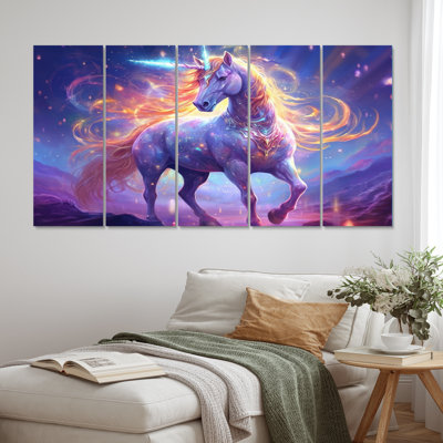 Cosmic Purple Unicorn Magic I - Fantasy Unicorn Wall Art Print - 5 Equal Panels