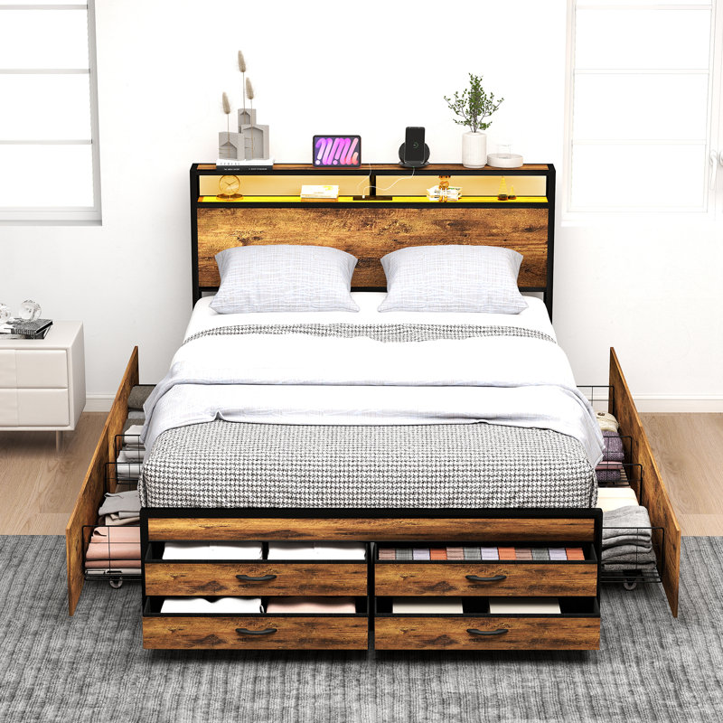 Bed Frame With 8 Storage Drawers, LED Headboard With Charging Station, Queen