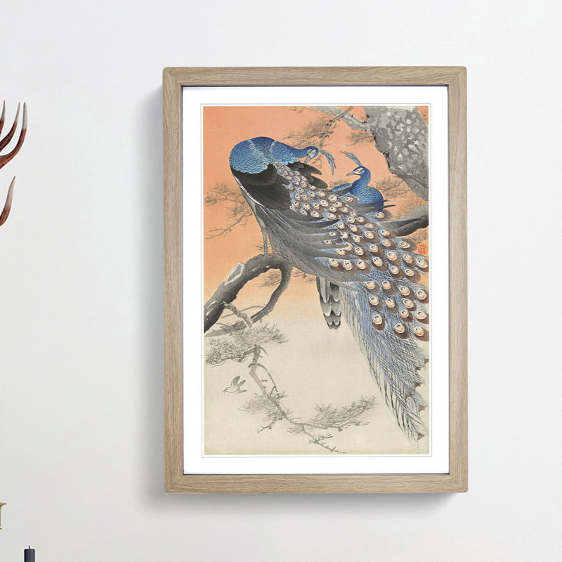 Two Peacocks by Ohara Koson - Picture Frame Painting Print, 36cm H x 27cm W x 2cm D, Oak Framed