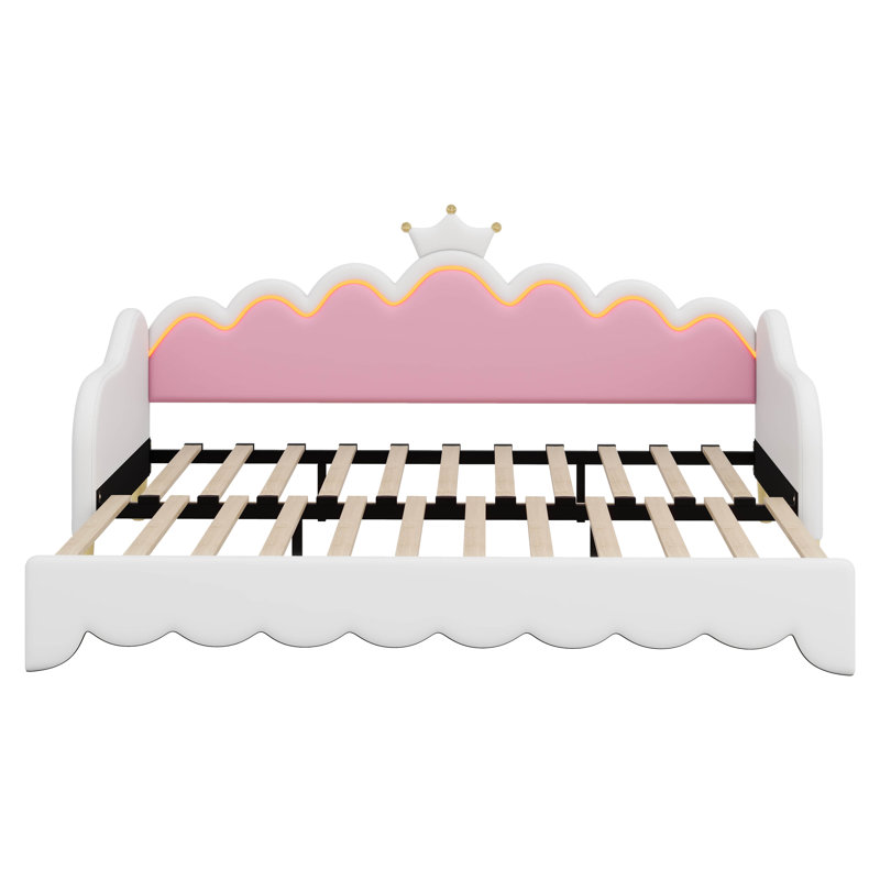Twin Size Extending Princess Daybed: Modern Upholstered Design + Crown Headboard & LED Lights, White