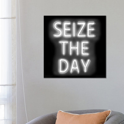 Neon Seize The Day White On Black by Hailey Carr - Wrapped Canvas Print