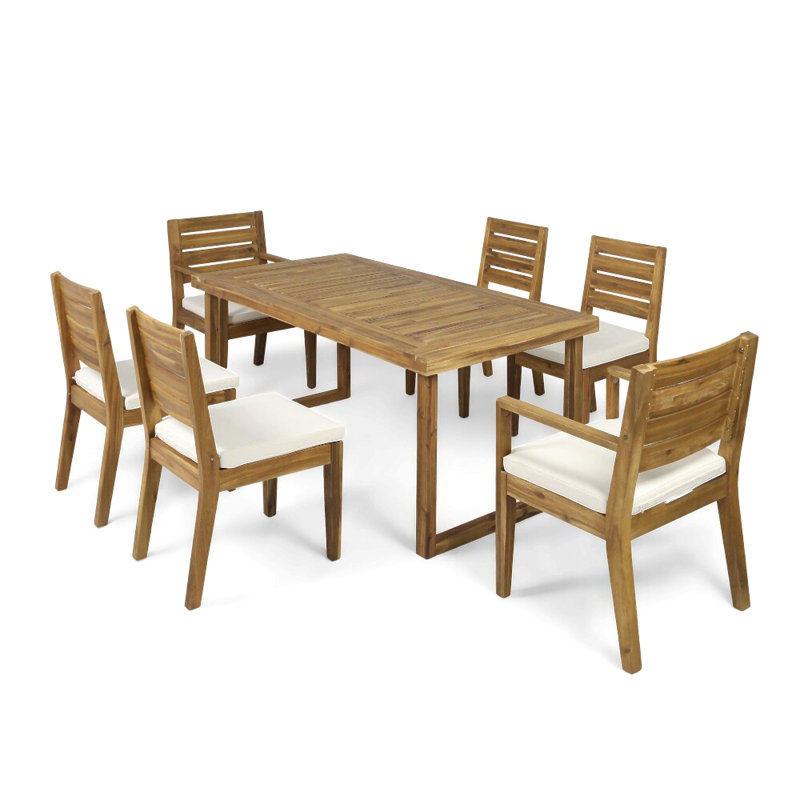 Ensemble repas d'extérieur en bois d'acacia avec coussins 7 pièces
